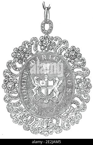 The Lord Mayor's Jewel, 1844. Ceremonial jewellery of the Lord Mayor of the City of London. 'The jewel contains, in the centre, the City arms, cut &quot;in cameo&quot;, of a delicate blue, on an olive ground. Surrounding this, a garter, of bright blue, edged with white and gold, bearing the City motto, &quot;Domine Dirige Nos&quot; [Lord, guide us], in gold letters. The whole is encircled with a costly border of gold Ss, alternating with rosettes of diamonds, set in silver'. From &quot;Illustrated London News&quot;, 1844, Vol V. Stock Photo