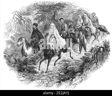 Annual migration of a Tartar family, 1844. Group of Tatars on horseback travelling through the Crimean Peninsula: '...a Tartar household pursuing their precipitous way down the side of a torrent valley, on their march to Christmas quarters in the genial neighbourhood of Balaklava...Few more picturesque sights could be imagined than those which the incidents of such a journey would furnish. The bivouac of a party of the travellers at night, is said to present a picture of barbarous interest. They are described as crouching in wild groups round wood fires, busily engaged in cooking their kukurut
