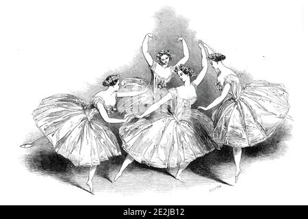 New pas de quatre, by Mademoiselles Taglioni, C. Grisi, L. Grahn, and Cerito, at Her Majesty's Theatre, 1845. Ballet on the London stage: '...nothing could be more calculated for effect than the appearance, at the same time, of these four dancers, each possessing a style so peculiarly her own, and each attaining in that style the highest degree of perfection. The buoyant joyousness of Cerito; the stately elegance - the classical poses of Grahn; the graceful archness of Carlotta Grisi; the simplicity - the poetry - the intellectuality of Taglioni's dancing; all these form contrasts of a most pe Stock Photo