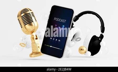 Phone podcast app surrounded by microphone and headphones 3d rendering Stock Photo