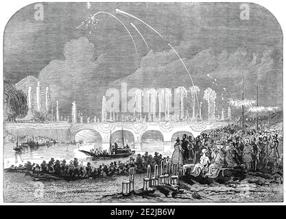 Fireworks at Paris - sketched by Harrison, 1845. Bastille Day celebrations: '...the fairy-like scene, just at the moment when the fireworks appeared above the bridge as a vast forest of palm-trees...On the lake of light, into which the Seine was changed, boats floated, bearing bands of music, and ladies. Fancy this scene, animated by magnificent fireworks, helped out by cannon, which did not cease a moment to peal, and you have it all, as well as pen, ink, and paper, can give it to you...Swimmers, wearing drawers, their heads disguised in plumes, so as to look like angry swans, dived about eac Stock Photo