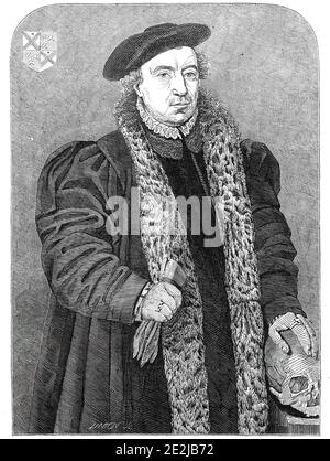 The 'New Holbein', at the National Gallery, 1845. 'A Man with a Skull'. Portrait of a man in 16th century dress: '...the money paid, and the Picture the property of the nation, a feeling creeps over the Trustees that the Picture is not a genuine Holbein...it was soon known...that the six hundred guinea Holbein had been withdrawn; some, indeed, going so far as to say that it was not a Holbein, but a picture that would have realised, under Christie's hammer, forty or fifty guineas at the most...wonderment was at its height when the so-called imposition was brought before Parliament. Sir Robert P Stock Photo