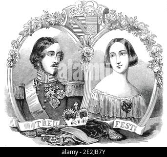 The Reigning Duke and Duchess of Saxe-Coburg-Gotha, drawn by Baugniet, 1845. Portrait of Ernst II and Princess Alexandrine. Ernst was the brother of Prince Albert, who was married to Queen Victoria. From &quot;Illustrated London News&quot;, 1845, Vol VII. Stock Photo