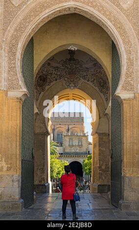 The Puerta del Perdon opening through the Alminar tower and leading to the Patio de los Naranjos and the Great Mosque. Cordoba. The historic centre of Stock Photo