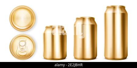 Golden tin cans for soda or beer in front, top and bottom view. Vector realistic 3d mockup of blank gold cans different sizes for drink with ring pull on lid isolated on white background Stock Vector