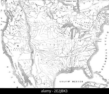 Map of North America, showing the relative positions of Texas and Oregon with the United States, 1845. 'It may...be requisite to subjoin here a few leading details of the Oregon Territory and its extent...On the east it skirts 800 miles along the Rocky Mountains, on the south 300 miles along the Snowy Mountains, on the west 700 miles along the Pacific Ocean, on the north 250 miles along the North American possessions of Russia and England...If America contends that a proprietary title has been acquired by the first visitations and explorations of her citizens, she can only be entitled to a ver Stock Photo