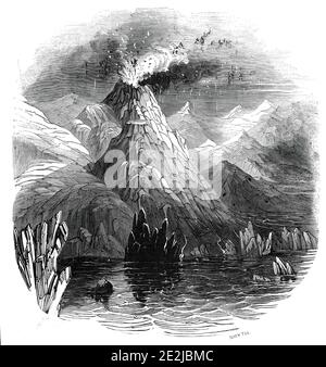 Eruption of Mount Hecla, 1845. Volcanic eruption in Iceland: '...the mountain burst in two places with a horrible crash, and vomited masses of fire...From the clouds of smoke and vapour, the top of the volcano could not be seen. The sheep on the heaths were driven down to the plains, but not till several of them were burnt. The waters of the neighbouring rivers...became so hot that the fish were killed, and it was impossible for any one to ford them even on horseback...The mountain consists mostly of sand and slags; the lava, forming a rugged and vitrified wall, like glazed bricks, seventy fee Stock Photo