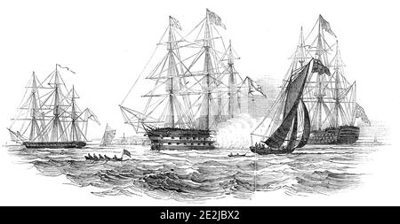 The Ingermanland, 74, with His Imperial Highness the Grand Duke Constantine on board, saluting the Admiral at Plymouth, 1845. Grand Duke Konstantin Nikolayevich of Russia arrives in England. 'The Ingermanland was accompanied by the Russian corvette Vaarshafsky, 30 guns, Captain Glassenap. The corvette is very large; mounting 30 guns, besides swivels...The Royal visitor, who is the second son of the Emperor, assumes only the honours of a lieutenant in the Imperial navy, in which rank he is now serving on board the Ingermanland. Our illustration, from a drawing by Mr. N. M. Condy, shows the Inge