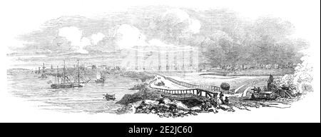 Calcutta - Arrival of the new Governor-General, 1844. 'The view here given of Calcutta is taken from the water-gate of Fort William, and exhibits the face of the town, just as it strikes the visitor for the first time, on the vessel rounding a reach close to the fort. In our engraving, the steamer, with Sir H. Hardinge on board, on the 23rd of July last, has just left the reach astern. The domed edifice in the centre of the town is the Government House, and the column to the spectator's extreme right, beyond the ramparts, is the Ochterlony pillar - so called from its having been built to comme