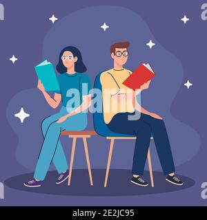 couple reading text books seated in chairs characters Stock Vector
