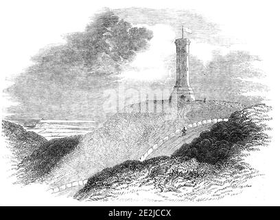 Monument to Admiral Sir Thomas Hardy, on Blagdon Hill, 1844. The Hardy Monument, on the summit of Black Down in Dorset, was erected by public subscription in memory of Vice Admiral Sir Thomas Hardy, a commander at the Battle of Trafalgar (1805). The site was chosen because the Hardy family wanted a monument which could be used as a landmark for shipping. The monument has been shown on navigational charts since 1846 and is visible from a distance of 60 miles (97 km). It is designed to look like a spyglass, as Admiral Hardy would have used on board ship. From &quot;Illustrated London News&quot;, Stock Photo