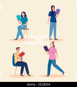 people reading text books characters Stock Vector