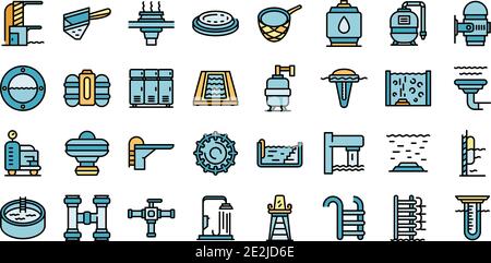 Equipment for pool icons set. Outline set of equipment for pool vector icons thin line color flat on white Stock Vector
