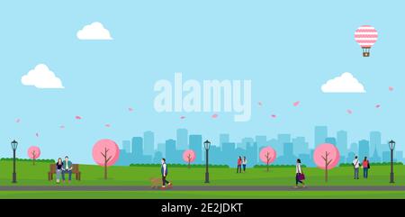 Public park landscape vector illustration. Spring season. Cherry blossoms. Stock Vector