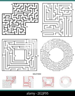 Illustration of black and white mazes leisure game activities set with solutions Stock Vector