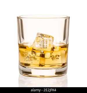 Whiskey in glass with ice cubes Stock Photo
