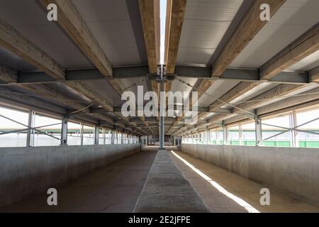 Close-up view of the connection of metal and wooden beams. Steel roof frame under construction. The interior of a big industrial building or factory w Stock Photo