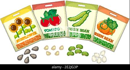 Set of different seed packaging on white background illustration Stock Vector