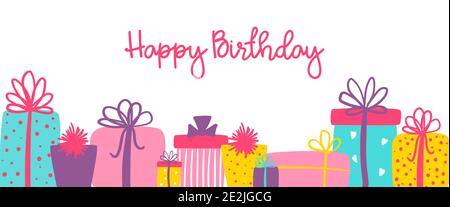 Happy Birthday long banner with cute hand drawn gift boxes. Vector greeting card for print or social media Stock Vector