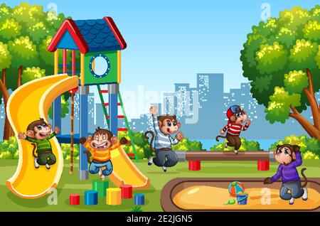 Five little monkeys jumping in the park playground scene illustration Stock Vector