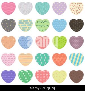 Vector set of pastel gift tags, cute colorful hand drawn illustration, blank label in heart frame with doodle pattern for decoration isolated on white Stock Vector