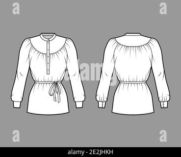 Gathered blouse technical fashion illustration with curved mandarin ...