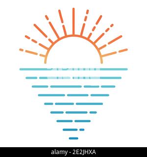Sunrise sunset over the sea ocean, rays of light reflected from the water, vector sun sea minimalist icon symbol tourism and travel Stock Vector