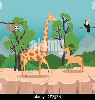group of four animals wild in the savannah scene Stock Vector