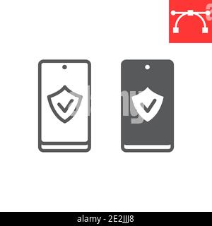 Device security line and glyph icon, security and protection, smartphone with shield sign vector graphics, editable stroke linear icon, eps 10. Stock Vector