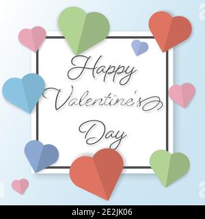 cheerful Happy Valentines Day greeting card with pastel colored paper cut hearts vector illustration Stock Vector