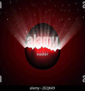 Broken red easter egg and universe. Rays of light and space with stars from cracks in an easter egg on a dark background. Vector, space for text, crea Stock Vector