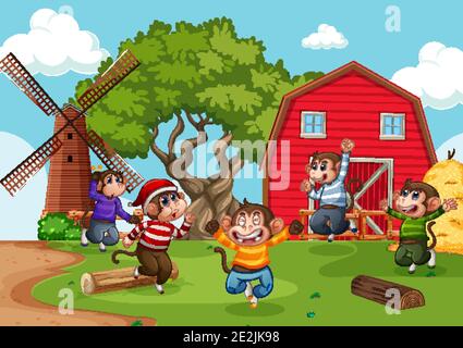Five little monkey jumping in the farm scene illustration Stock Vector