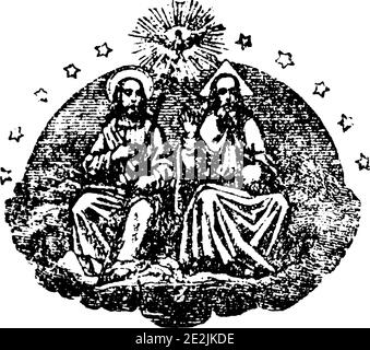 God or lord, Jesus Christ and holy spirit in heaven. Antique vintage biblical religious engraving or drawing. Stock Vector