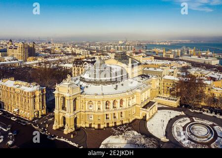 Air panorama of national opera and ballet theatre in Odessa Ukraine. Drone footage, winter time and sunny day. Stock Photo