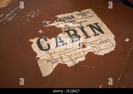 Vintage 1940's  Brown Leather Suitcase With Labels Cabin Luggage and Bombay Stock Photo