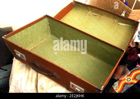 Vintage 1940's  Brown Leather Suitcase Open Showing Green lining Stock Photo