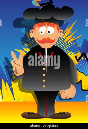Fat male cartoon chef in uniform showing the V sign, peace sign. Vector illustration. Stock Vector