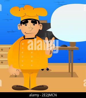 Fat male cartoon chef in uniform showing the V sign, peace sign. Vector illustration. Stock Vector