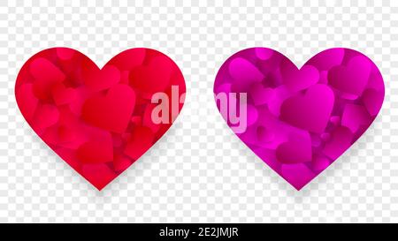 Pink and red heart icons 3d effect with small hearts petals inside of big shape isolated on transparent background. Love, marriage, romance elements f Stock Vector