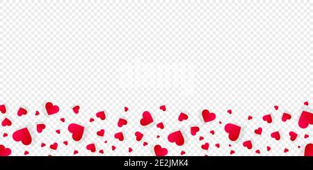 Heart frame vector border love banner with falling red scatter confetti petals. Horizontal down bordering. Valentines day wedding invitation template Stock Vector