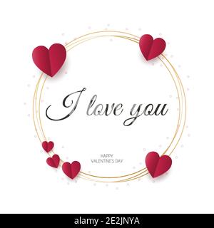 Valentines Day greeting card with red hearts, stars confeti. I love you round golden frame, vector illustration Stock Vector