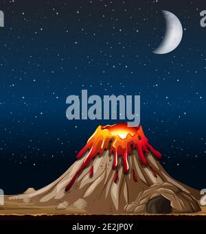 Volcano eruption in nature scene at night illustration Stock Vector
