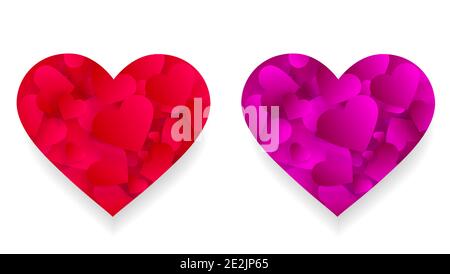 Pink and red heart icons 3d effect with small hearts petals inside of big shape isolated on white background. Love, marriage, romance elements for val Stock Vector