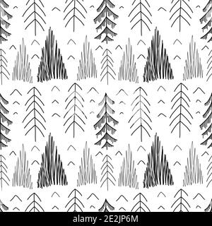 Seamless pattern of simple lagom fir trees with hatching and strokes. Hand drawn pencil spruce. Vector scandi festive ink texture for fabrics, wrappin Stock Vector