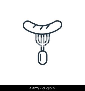 Burning sausage on a fork outline vector icon. Thin line black burning sausage on a fork icon, flat vector simple element illustration from editable f Stock Vector