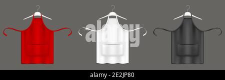 Chef aprons, black, red and white cook uniform on hangers 3d vector mockup. Kitchen bibs or pinafore with front pocket realistic templates. Restaurant, cafe and barbecue party garment isolated design Stock Vector