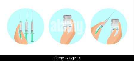 Set medical icons. Syringe for injection, vial vaccine. Stock Vector