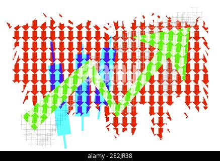 Arrows, bars, graph of economic growth against the background of falling stock indices in the abstract country map. Modern eps10 vector illustration t Stock Vector