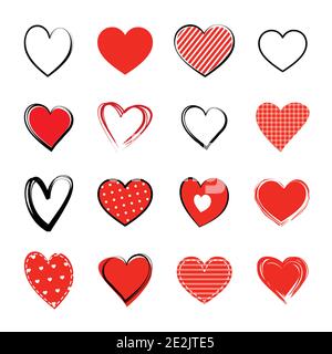 Red heart symbol set. Love icon hand drawn isolated on white background. Stock Vector