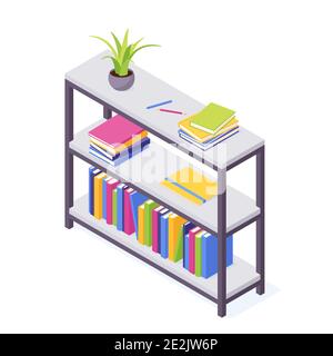 Books on shelf in isometric vector illustration. Stock Vector
